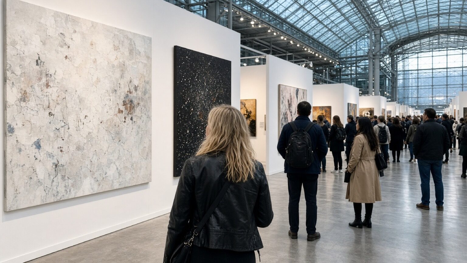 Посетители рассматривают современное искусство в большом павильоне Javits Center — случайное фото на телефон