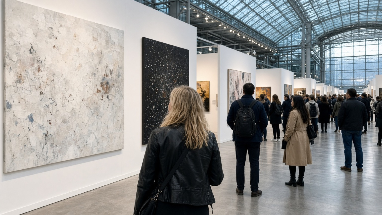 Visitors viewing contemporary art inside a large Javits Center fair hall — casual phone photo