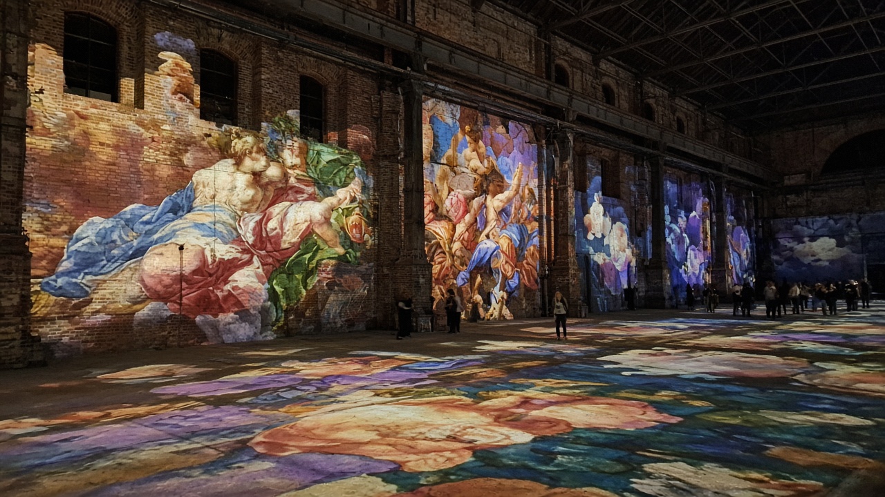Tourist smartphone photo of colorful classical-art digital projections filling brick foundry walls and floor