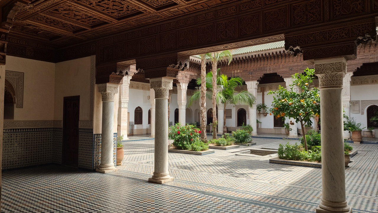 Bahia Palace courtyard with zellige tiles — tourist phone photo
