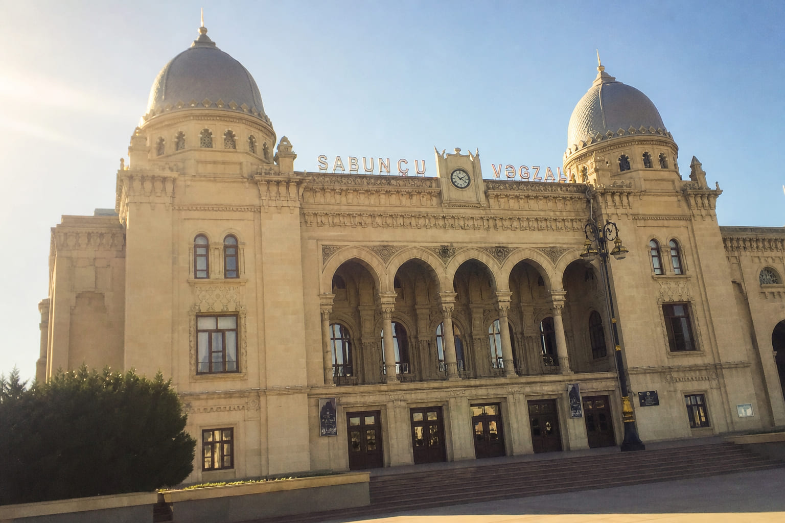 Historic Sabunchu railway station in Baku with domed towers — casual tourist phone photo
