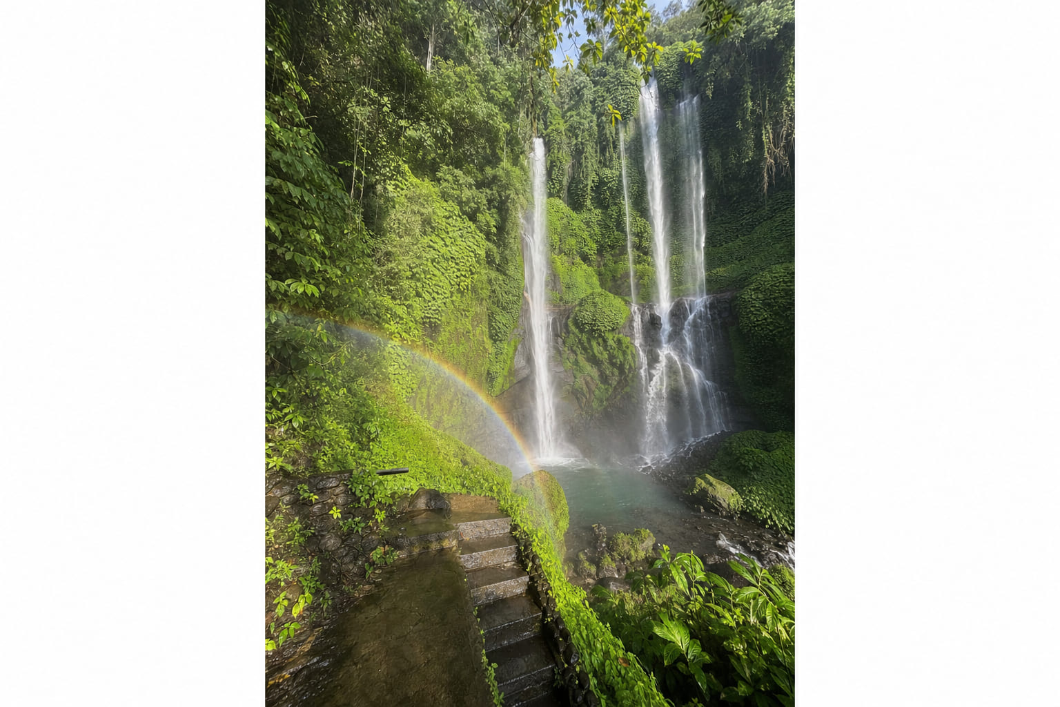 Sekumpul waterfall in northern Bali — casual smartphone travel photo, cascades in a green canyon