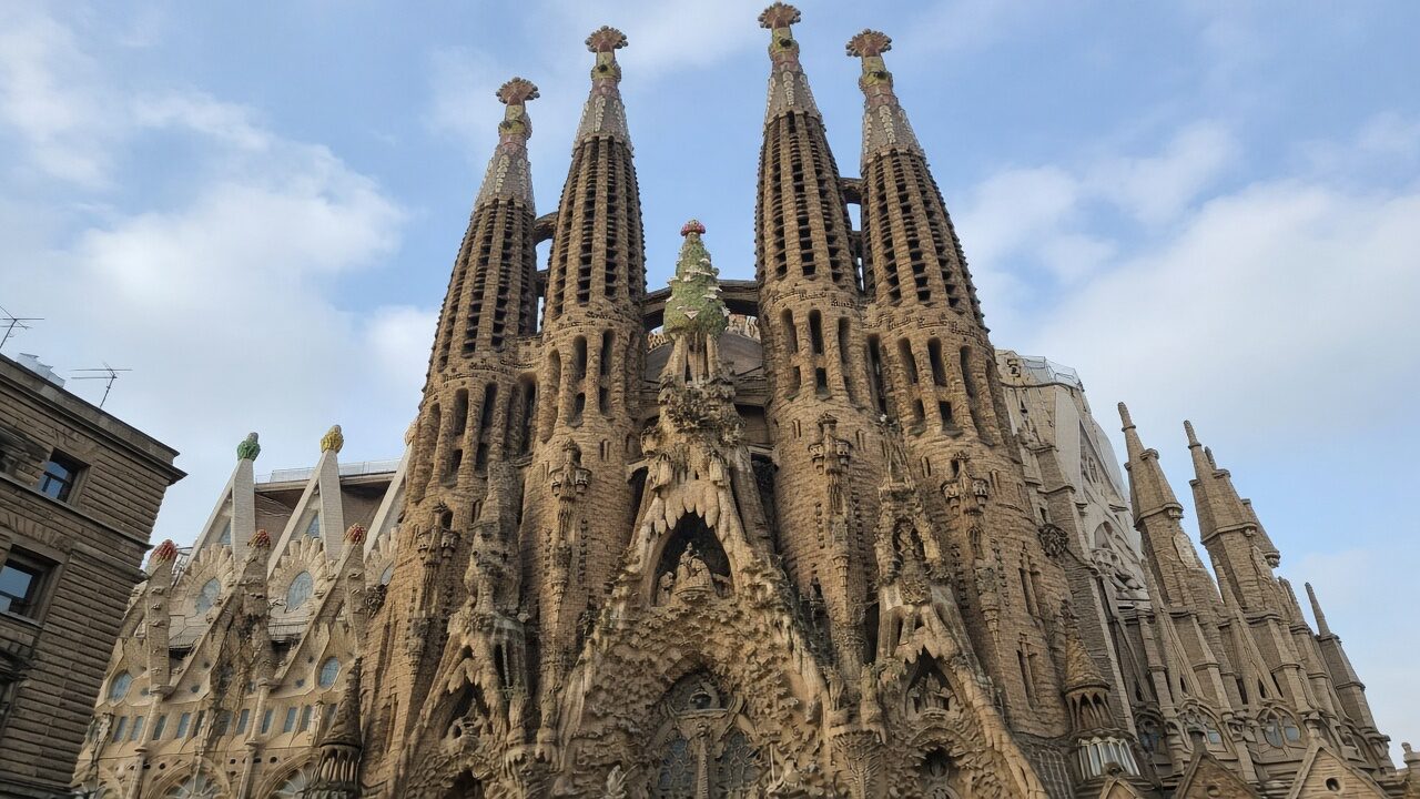 Sagrada Família façade in daylight — tourist phone photo