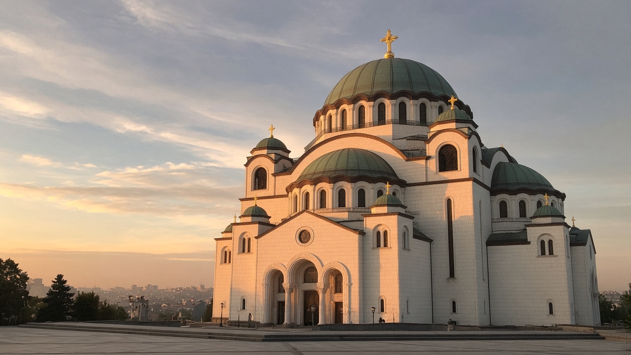 Tourist smartphone photo of the white domes of the Temple of Saint Sava on the Vračar plateau in Belgrade