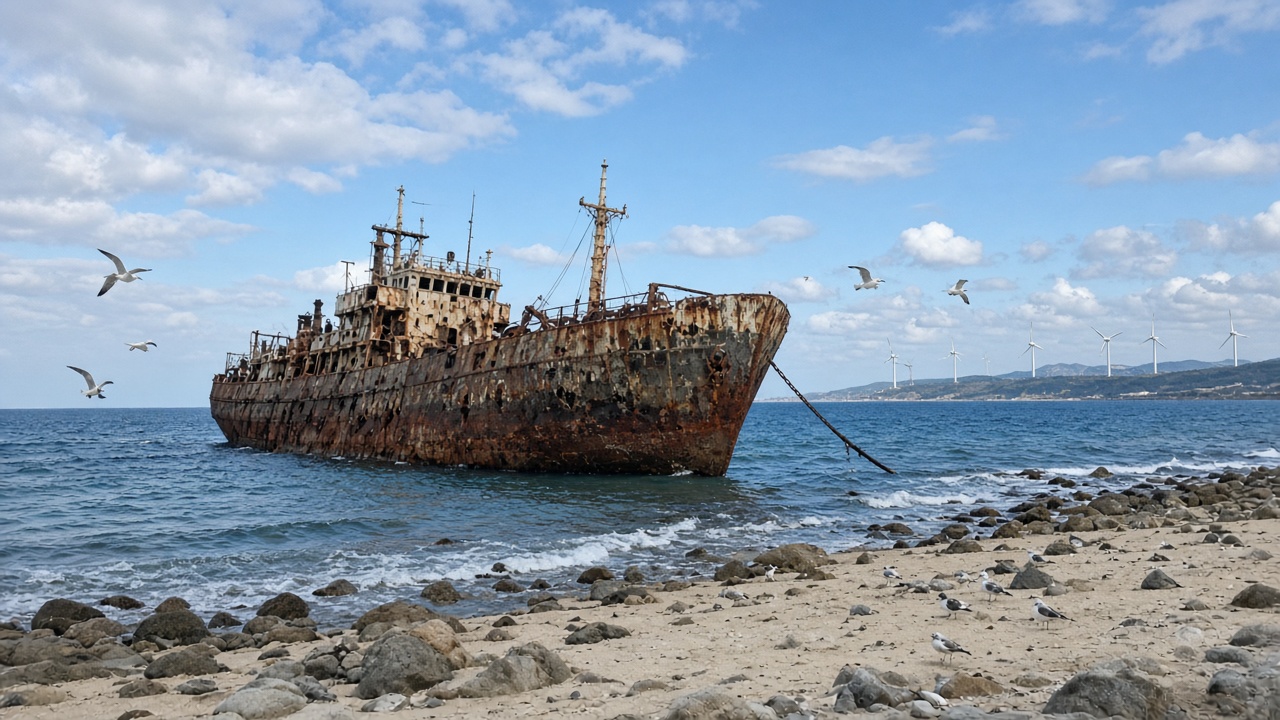 Rusted cargo ship stranded by a beach, phone photo