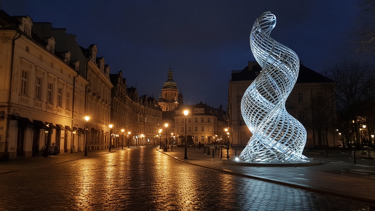 Tourist smartphone photo of a monumental light sculpture on a Brussels winter night street