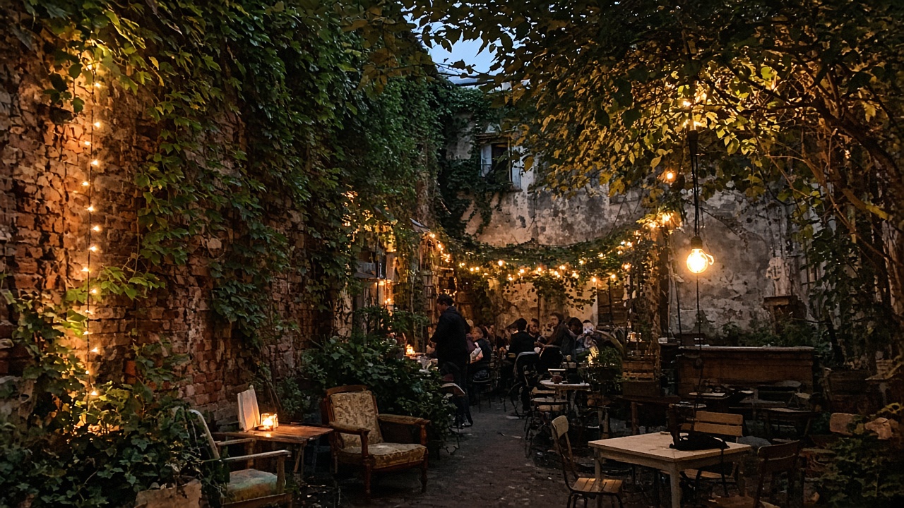 Руин-бары Будапешта: Szimpla Kert и дворы Эржебетвароша Двор руин-бара в Будапеште вечером — гирлянды, кирпич и разномастная мебель, фото с телефона