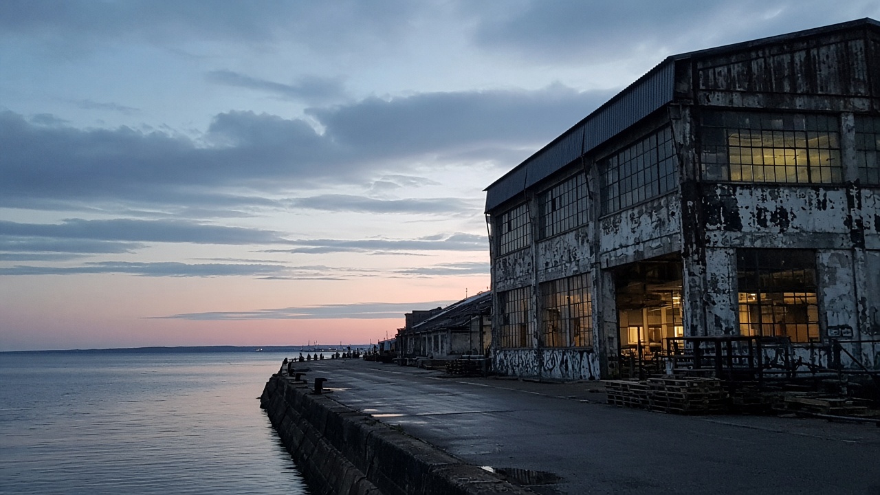 Tourist smartphone photo of a post-industrial Yeongdo waterfront art venue at dusk