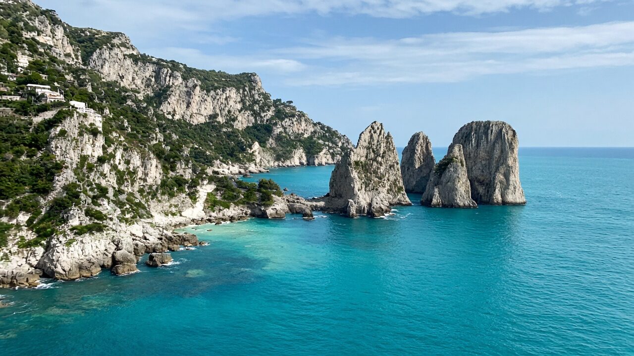 Turquoise Capri coastline from the ferry — tourist phone photo