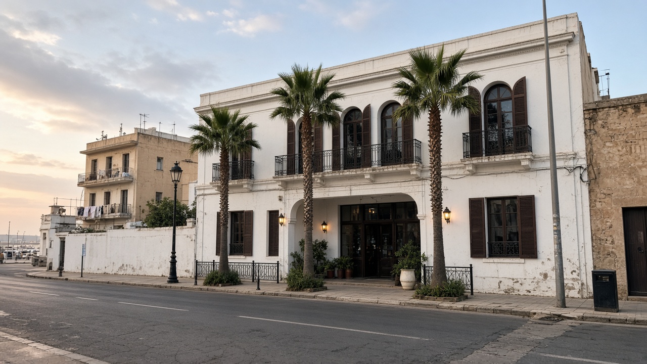 White Rick's Café façade in Casablanca with palm trees at the entrance — tourist phone photo