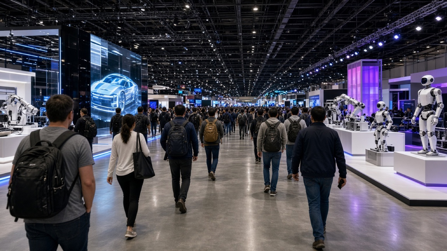 Technology show visitors walking between illuminated booths in Las Vegas — casual phone photo