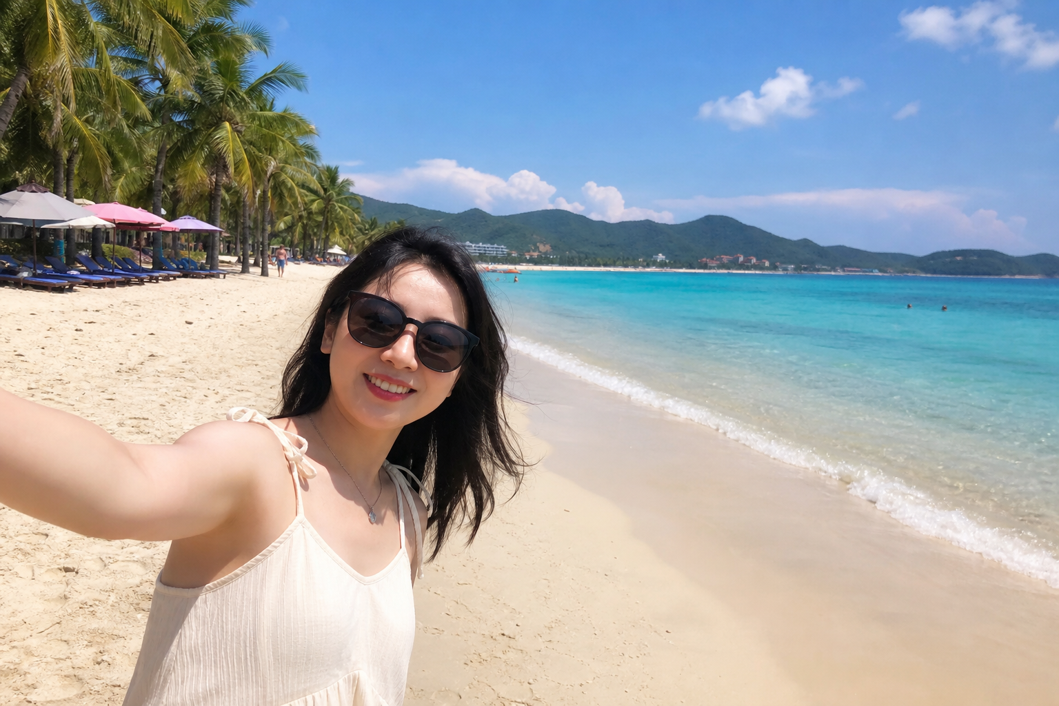 Yalong Bay beach in Sanya, Hainan — casual smartphone travel photo, turquoise sea and palm trees