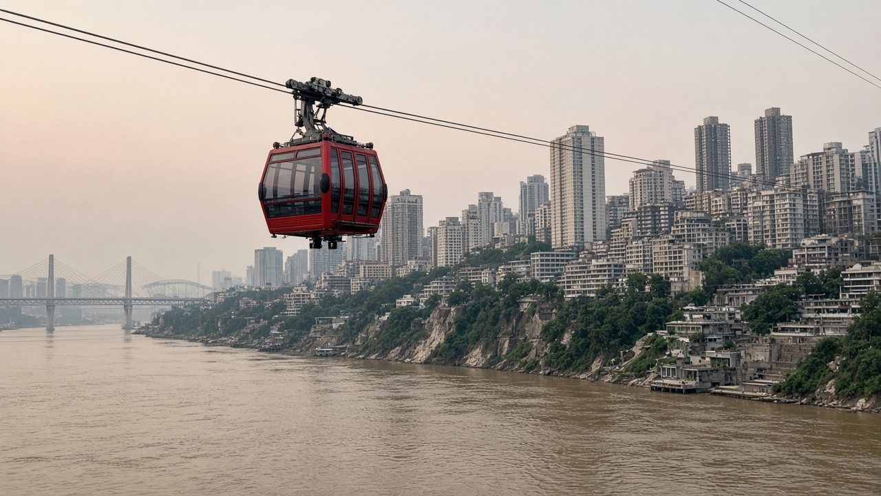 Chongqing Yangtze River Cableway gondola over the river, phone photo