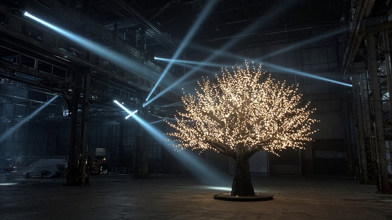 Tourist smartphone photo of kinetic light beams and a glowing tree installation inside a dark industrial hall