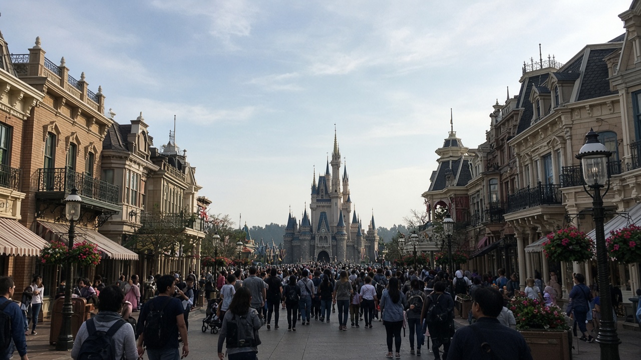 Disneyland Paris — Main Street castle view Tourist phone photo of Main Street looking toward a fairy-tale castle at Disneyland Paris
