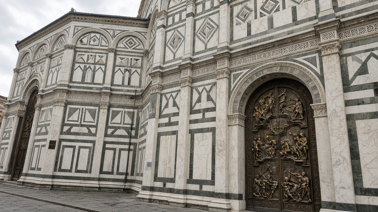 Tourist phone photo of the bronze east doors and striped marble of the Florence Baptistery, Piazza del Duomo
