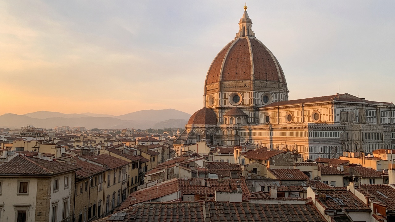 Tourist phone photo of Brunelleschi’s red-tiled dome above Florence Cathedral