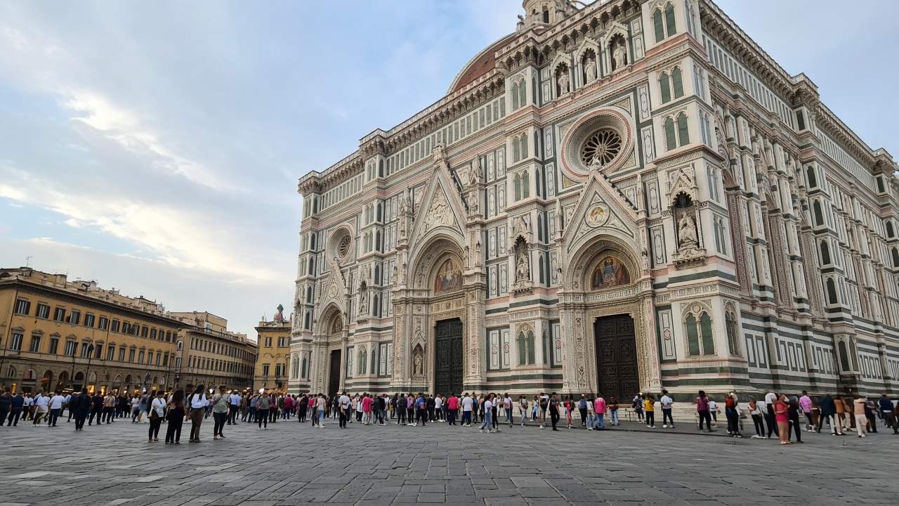 Tourist phone photo of the polychrome marble facade of Florence Cathedral, Santa Maria del Fiore