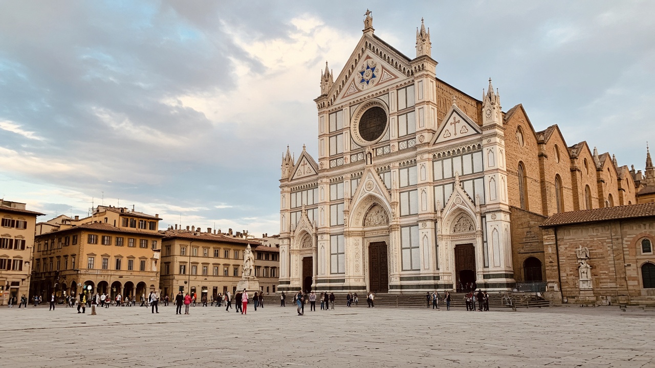 Phone photo of Piazza Santa Croce with the basilica facade and tourists, Florence