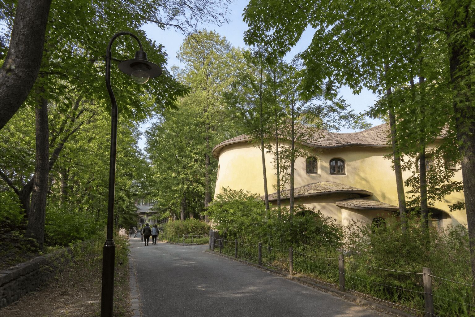 Leafy path toward a whimsical museum building in suburban Tokyo, tourist phone photo