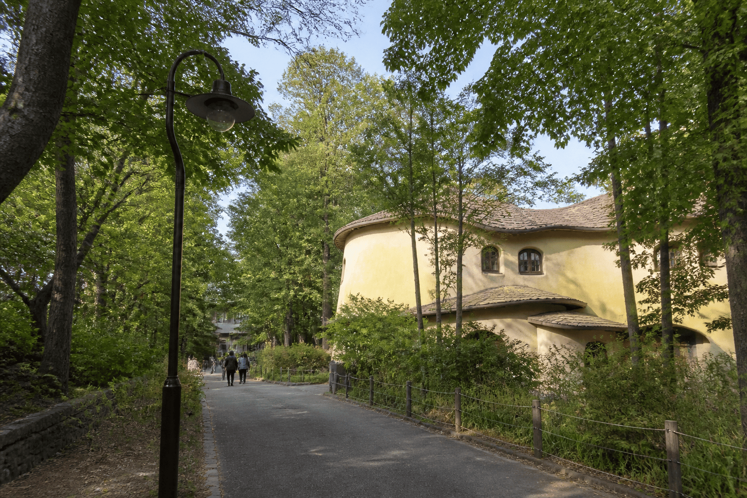 Leafy path toward a whimsical museum building in suburban Tokyo, tourist phone photo