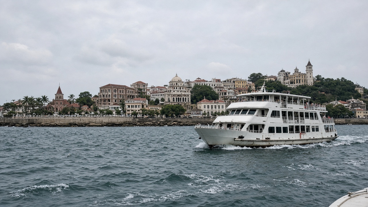 Ferry approaching Gulangyu Island waterfront near Xiamen, phone photo