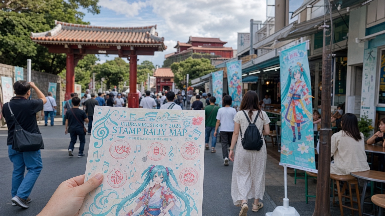 Traveller holding a CHURA MIKU STREET stamp-rally map near Shuri Castle in Okinawa