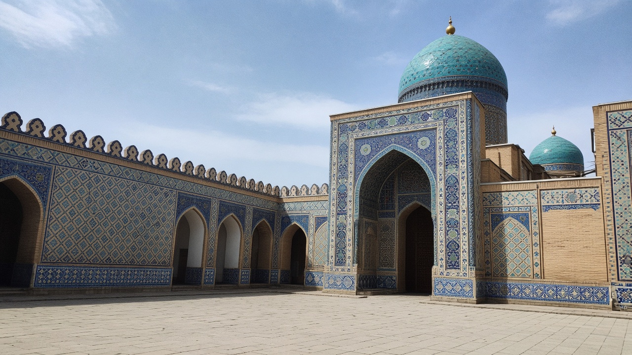 Hazrati Imam Tashkent Hazrati Imam tiled courtyard with turquoise domes — tourist smartphone photo