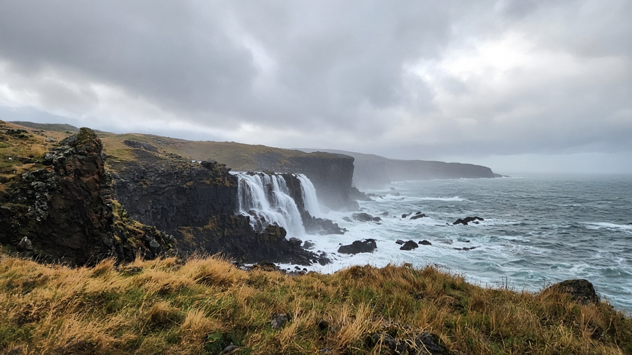 Iceland Ring Road on a grey autumn day near a waterfall — tourist phone-photo style