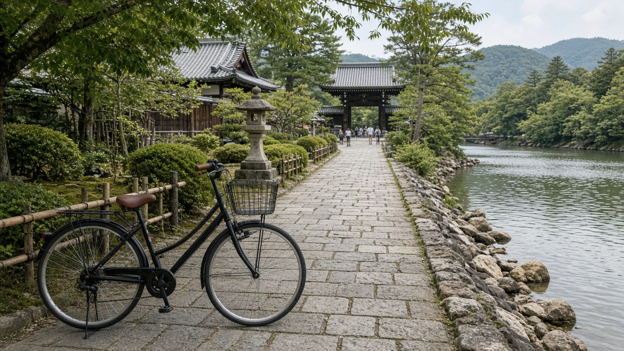 Japan bike rental Tourist smartphone photo of a city bicycle by a temple path and river in Japan