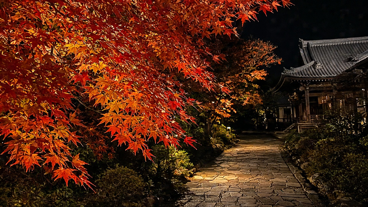 Tourist smartphone photo of autumn maple leaves lit at night along a Japanese temple path