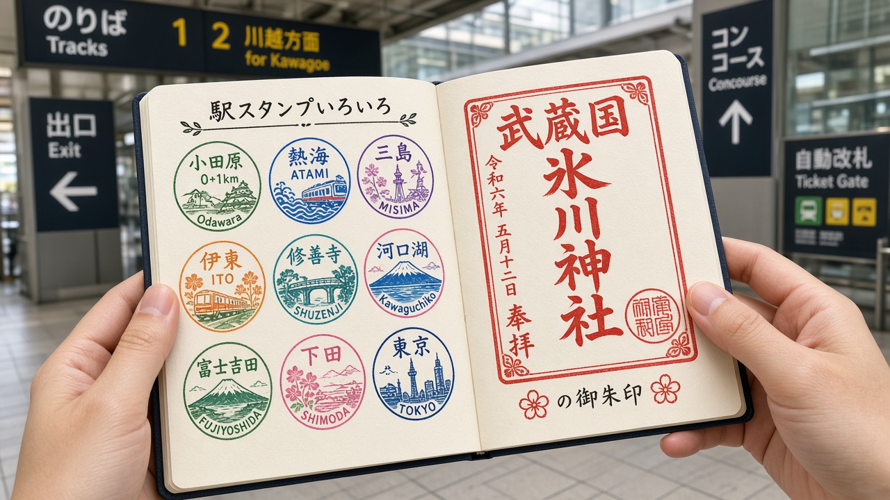 Open Japan stamp book with eki stamps and goshuin, tourist phone photo