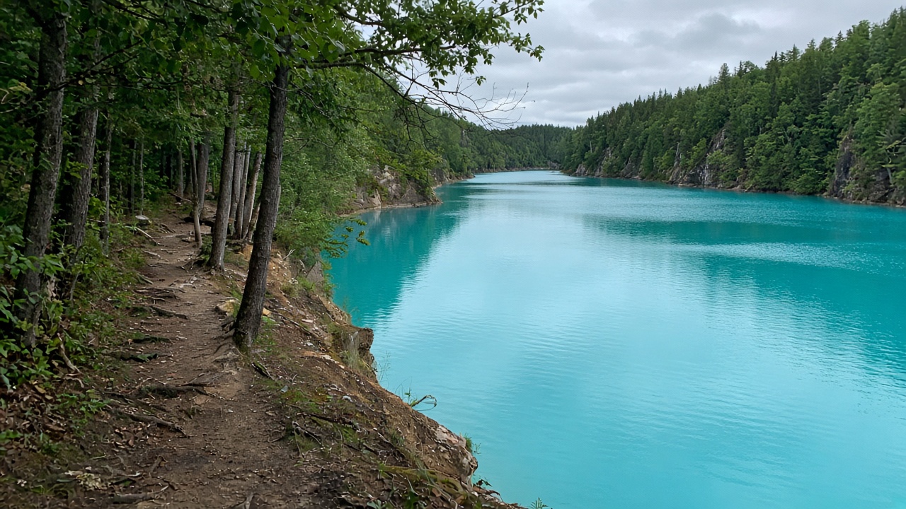 Shore of a blue karst lake near Kazan — phone photo with pine trees