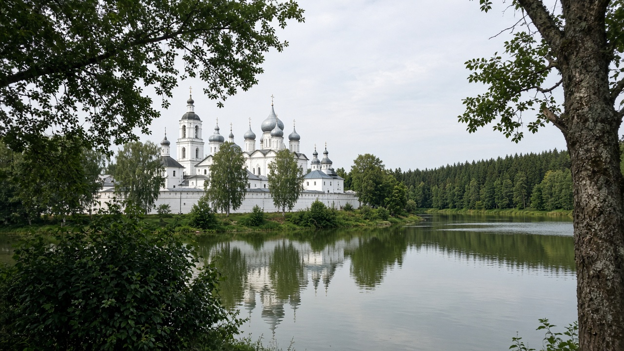 Raifa Bogoroditsky Monastery White walls of Raifa Monastery and the lake — phone photo