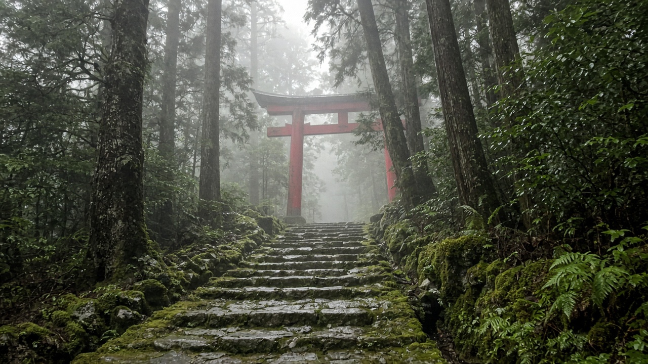 Mossy stone steps on the Kumano Kodo trail through misty cedar forest — casual smartphone travel photo