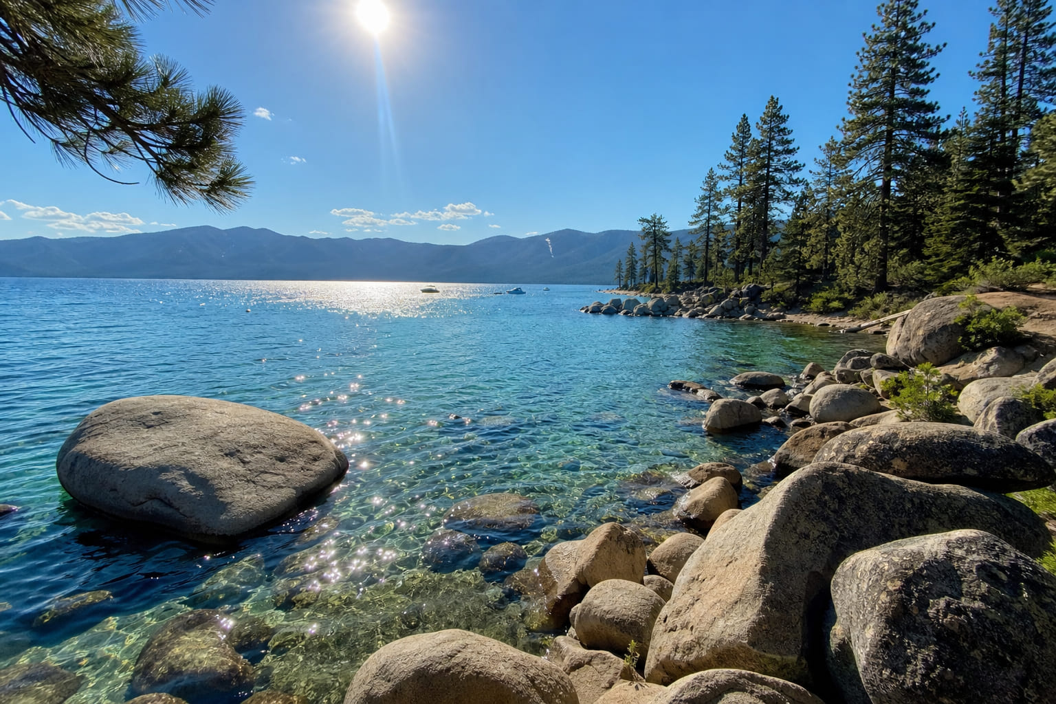 Sand Harbor Beach at Lake Tahoe — casual tourist smartphone photo with turquoise water and granite boulders