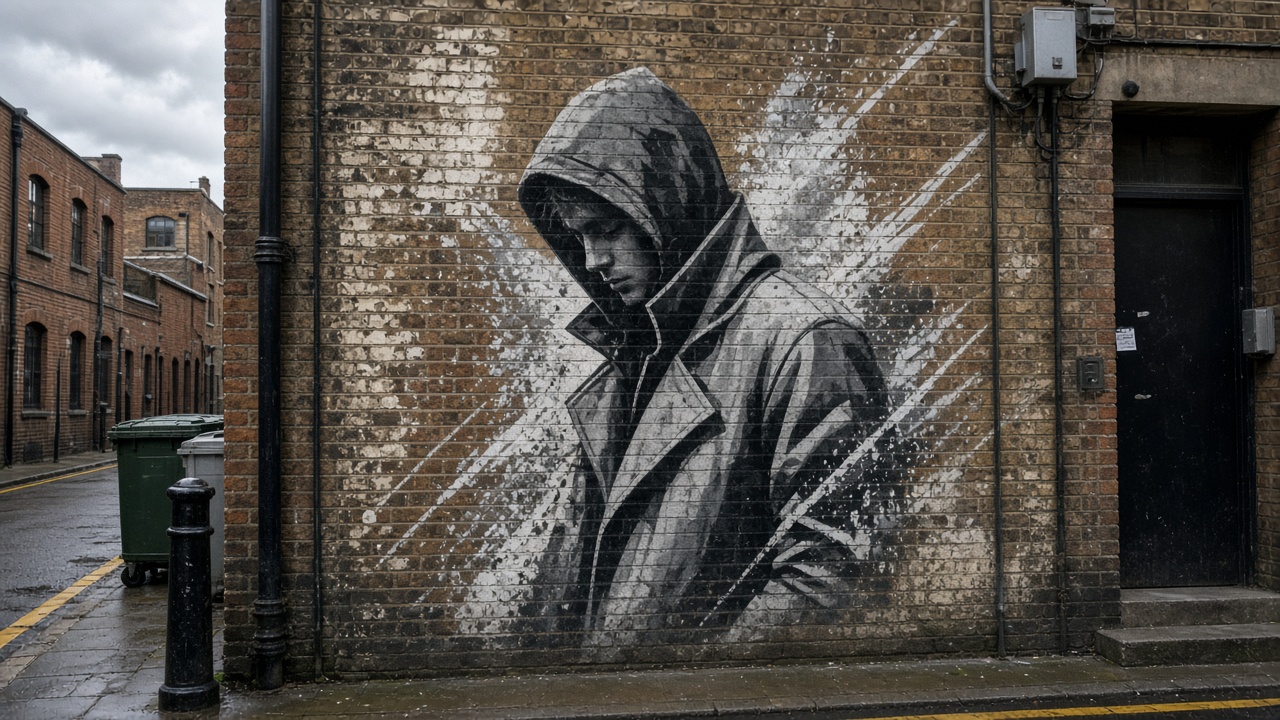 Street art on a brick wall in a London alley — casual tourist phone photo