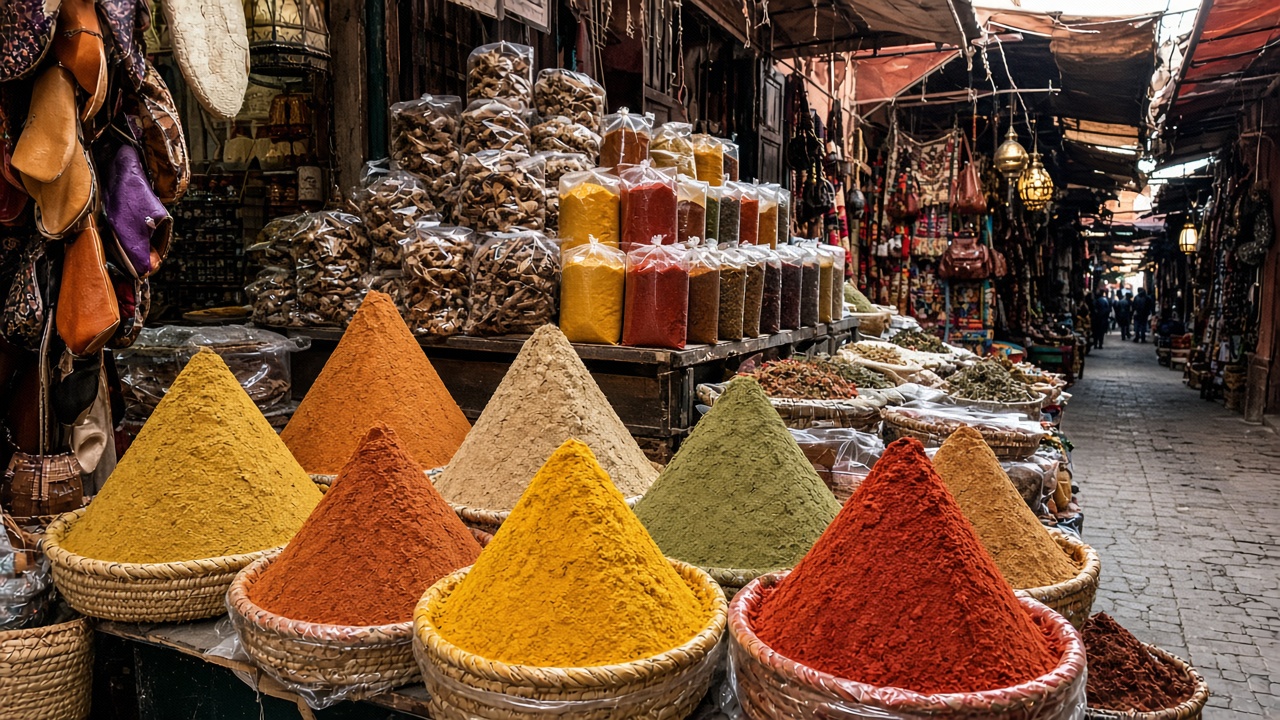 Spice piles at a Marrakech souk — tourist phone photo