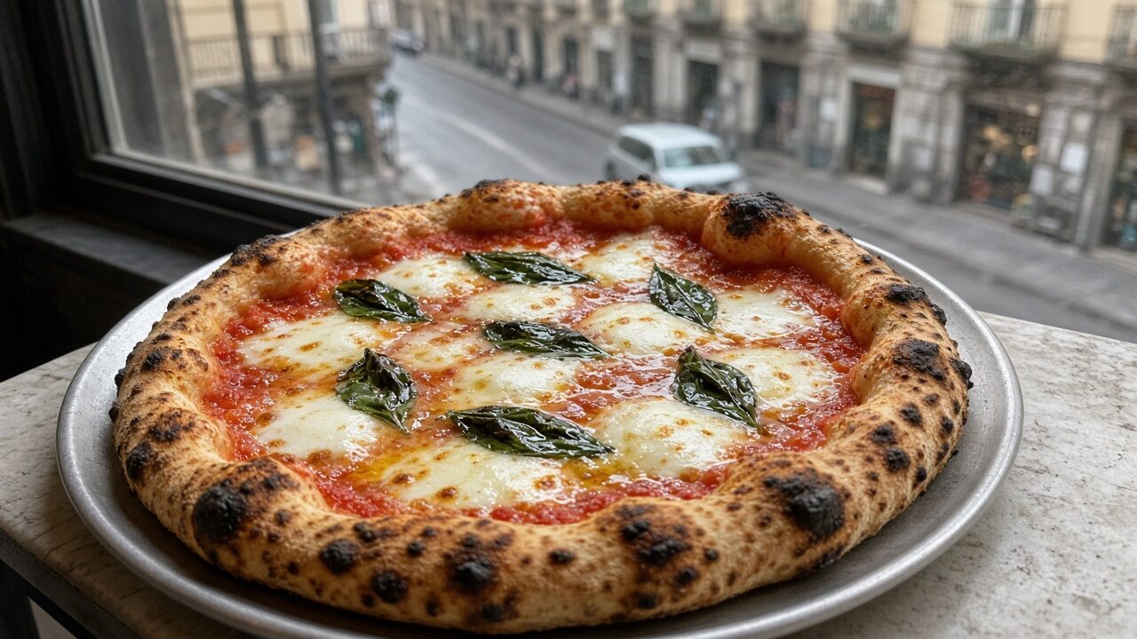 Naples pizza guide Neapolitan Margherita on a metal tray — tourist phone photo