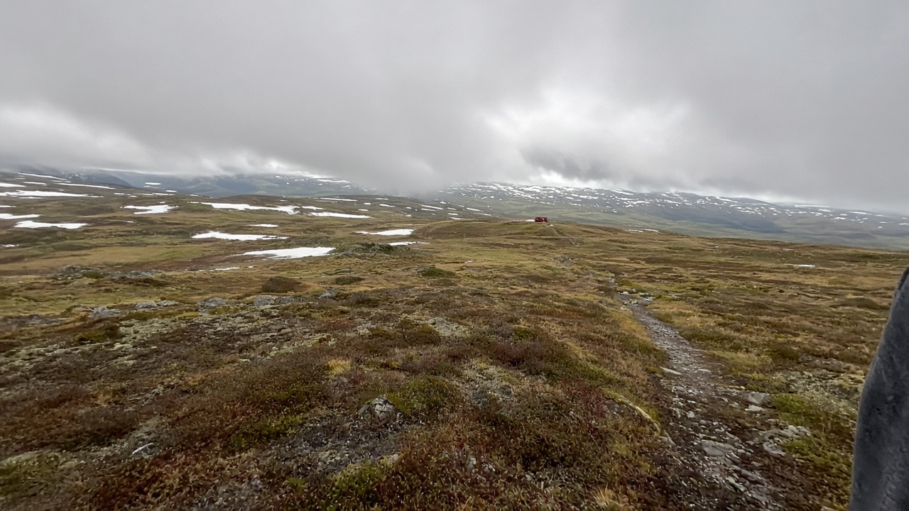 Phone photo of the Hardangervidda plateau: tundra, a trail, and low cloud
