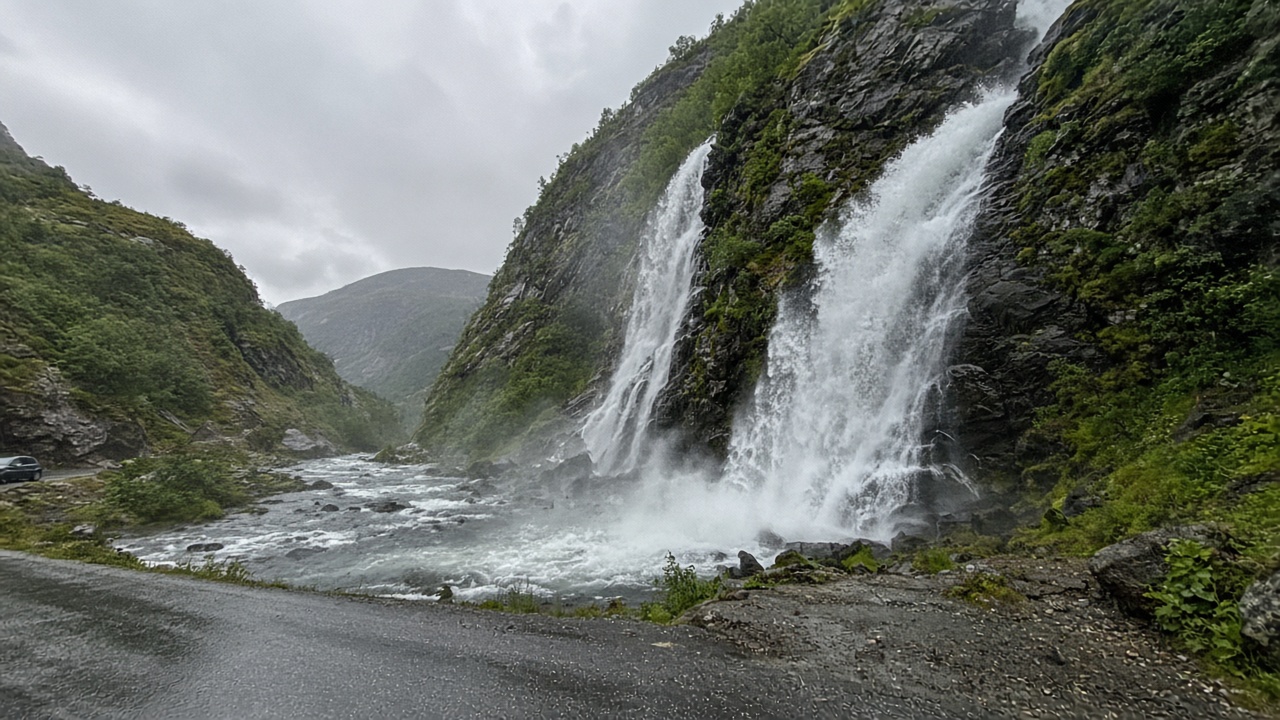 Phone photo of Låtefossen, a twin waterfall beside a wet road in Norway