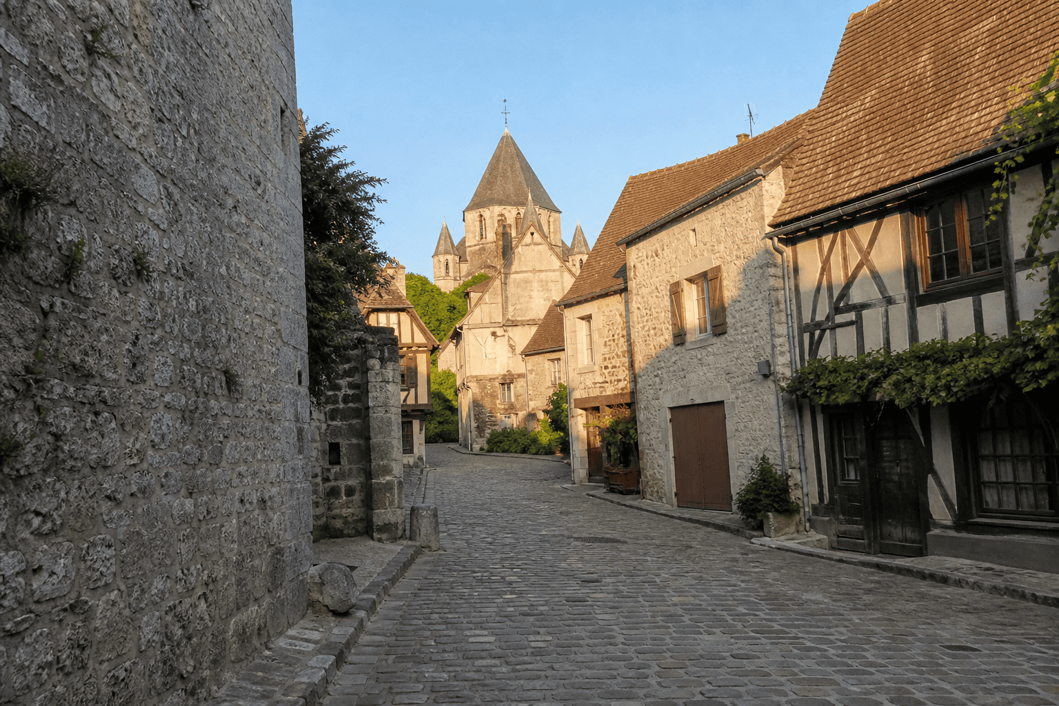 Tourist phone photo of a medieval cobbled lane with timber-framed houses near Paris, Provins-like
