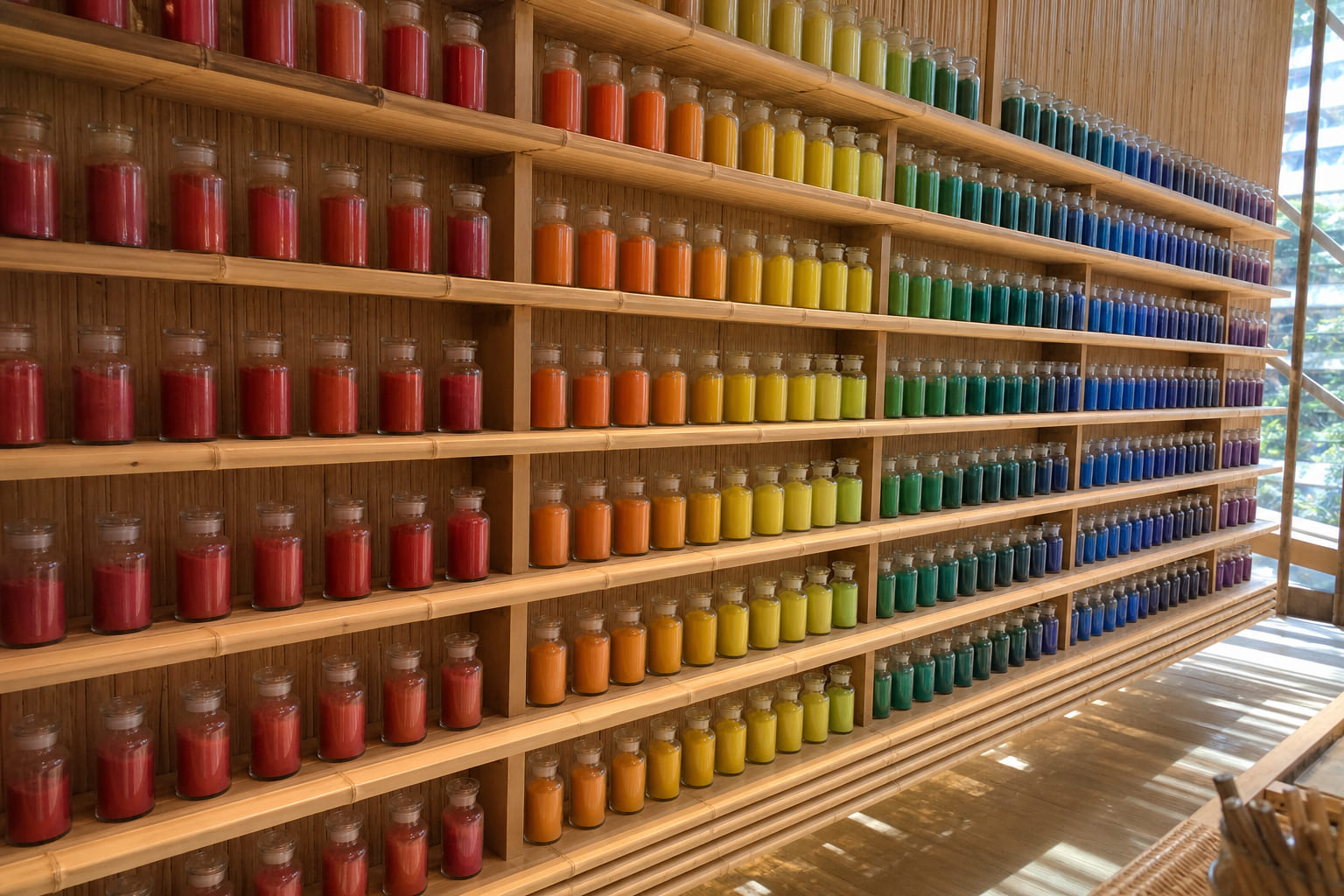 PIGMENT TOKYO: стена пигментов на бамбуковых полках — главный визуальный якорь магазина на Tennozu Isle. Стена с тысячами банок пигментов на бамбуковых полках в PIGMENT TOKYO — снимок туриста на телефон