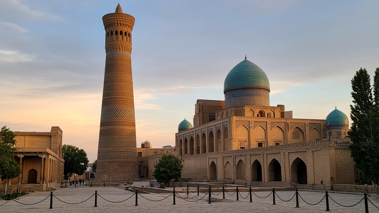 Tourist smartphone photo of Kalyan Minaret and the Poi-Kalyan ensemble on a Bukhara square