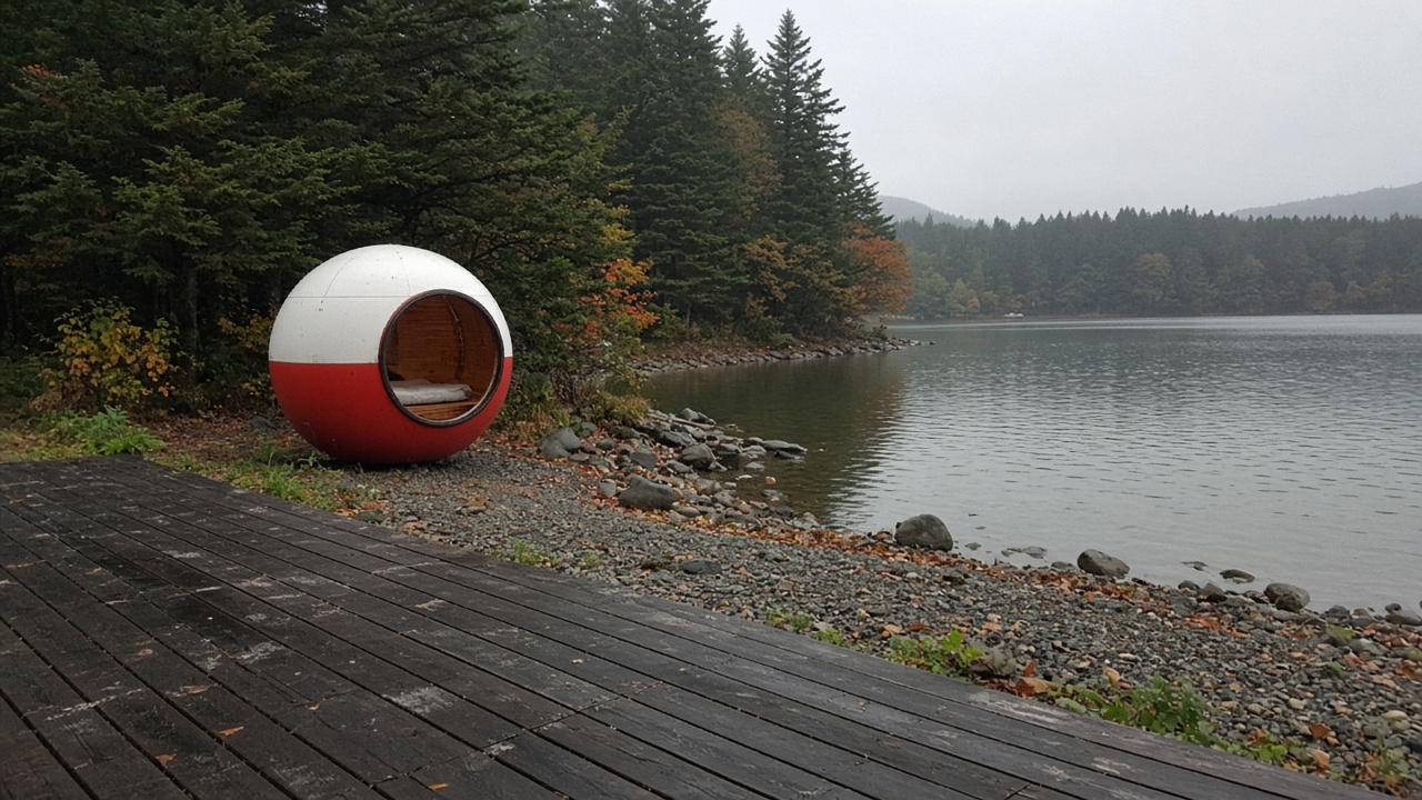 Red-and-white spherical capsule lodging on a quiet Hokkaido lakeshore, shot like a tourist phone photo