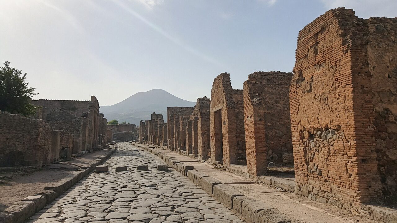 Ancient Pompeii stone street with Vesuvius on the horizon — tourist phone photo