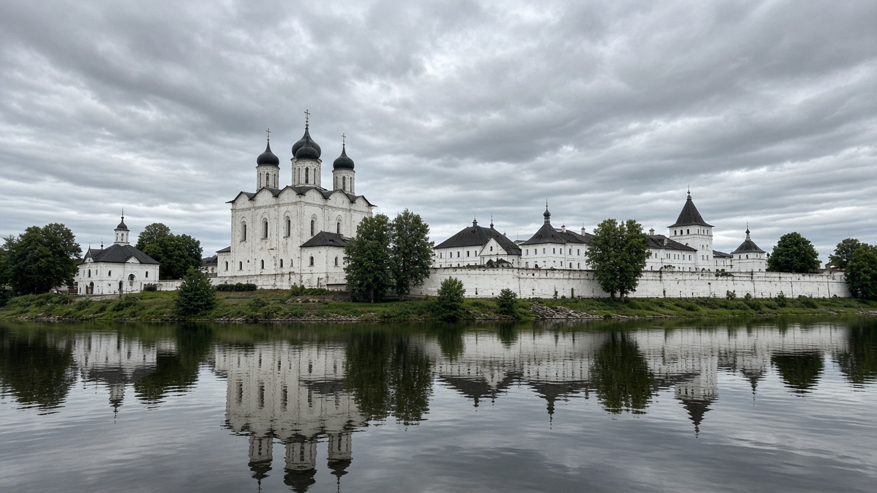 Mirozhsky Monastery in Pskov Tourist smartphone photo of Mirozhsky Monastery by the river in Pskov from the embankment