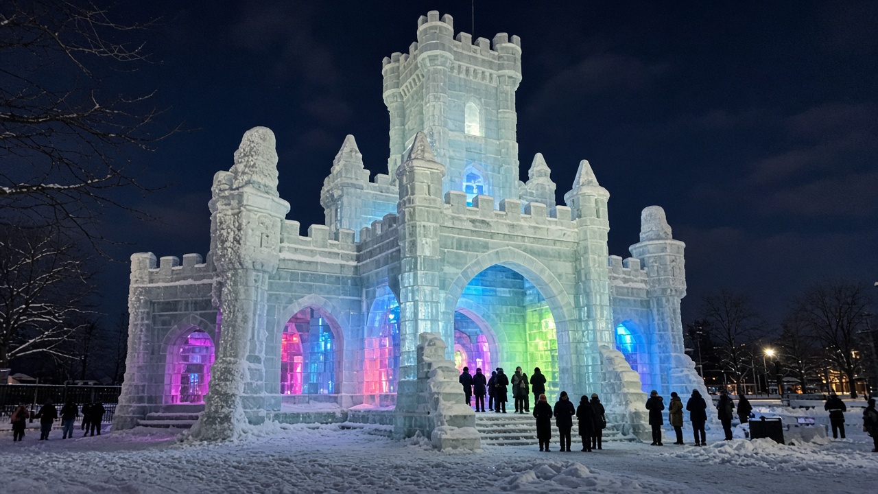 Casual smartphone photo of an illuminated ice palace during Québec City Winter Carnival