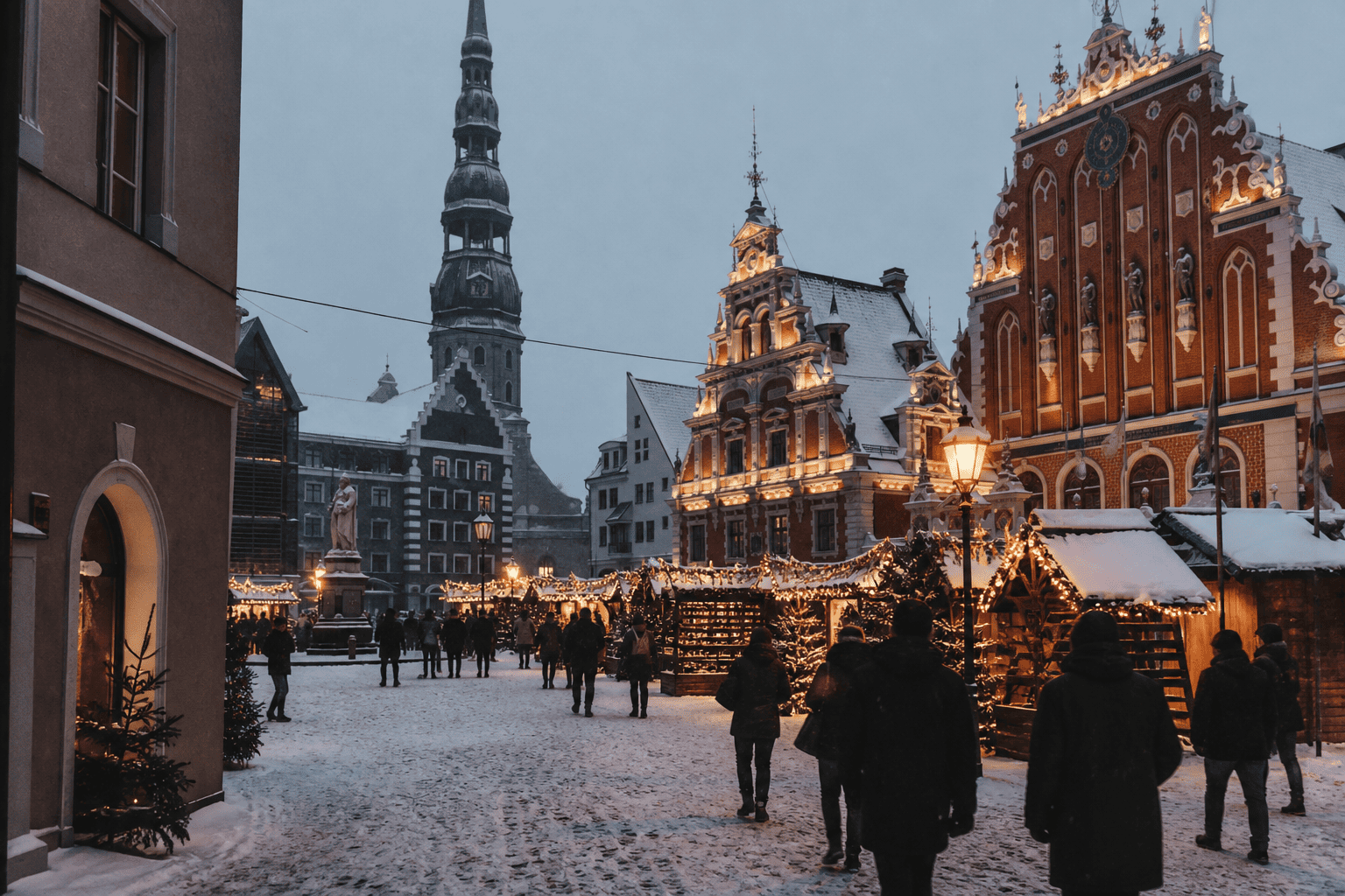 Phone photo of snowy Riga Old Town facades and winter trees