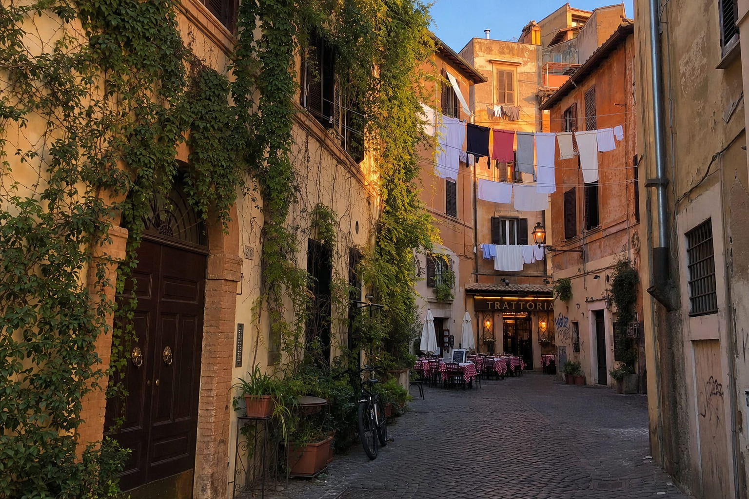 Narrow Trastevere alley at golden hour in Rome — smartphone tourist photo, ivy facades and laundry lines